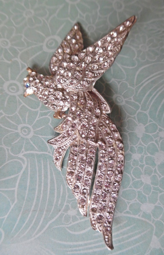 Large 4" Vintage Rhinstone Bird Brooch