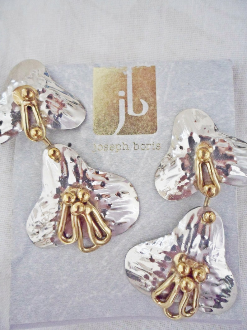 Modernist Designer JOSEPH BORIS Mixed Metals Large clip-on Dangle EARRINGS