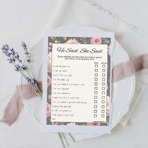 Bridal he said she said, bride, bridal shower game, bridal shower, who said it, floral, pink, green, minimalistic, game, bride, template