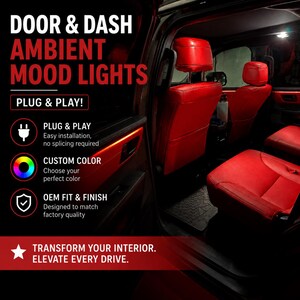 May include: Interior vehicle lighting kit featuring red ambient mood lights installed along the door panel and dashboard. The text reads DOOR & DASH AMBIENT MOOD LIGHTS, PLUG & PLAY, CUSTOM COLOR, OEM FIT & FINISH, and TRANSFORM YOUR INTERIOR. ELEVATE EVERY DRIVE.