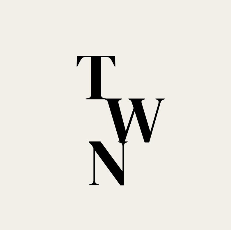 May include: A minimalist design featuring the letters "TWN" in a stacked arrangement. The letters are black and set against a cream-colored background. The "T" is positioned above the "W," which is above the "N."