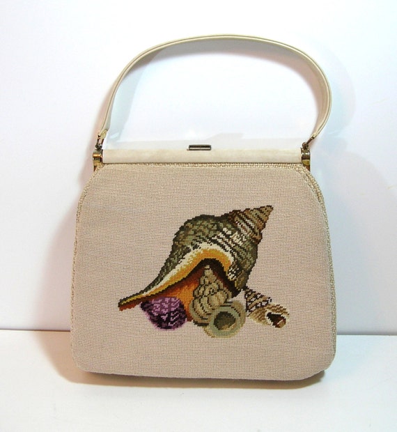 Vintage Needlepoint Purse With Seashell Design, Gr