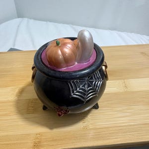 May include: A black cauldron with a silver spiderweb design and a small red spider. Inside the cauldron is a pumpkin and a ghost. The pumpkin is orange with a green stem, and the ghost is white. The cauldron is a Halloween decoration.