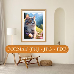 Chat dans la nature, affiche imprimable animal et verdure, art mural bohème, cat in nature printable wall art