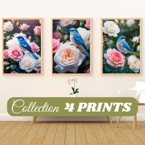 Affiche oiseau et fleurs, art mural botanique imprimable, décoration murale romantique, bird and floral printable art
