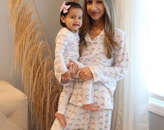 Conjunto de pijama de bambú con lazo pastel: ropa de dormir suave de manga larga para mujer, a juego para mamá y para mí