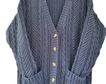 Vintage Cabin Creek Strickjacke mit Zopfmuster Ramie Baumwolle Blau Cottagecore Tall