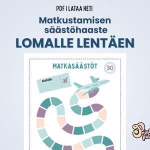 Może przedstawiać: Wydrukowane wyzwanie oszczędzania na podróże z jasnoniebieską i fioletową ścieżką, samolotem i grafiką biletu. Tekst "PDF I LATAA HETI" i "Matkustamisen säästöhaaste LOMALLE LENTÄÄN" znajdują się na górze.