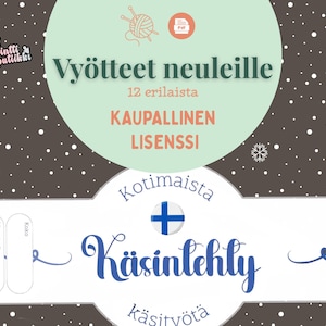 May include: A digital graphic with text in Finnish, including "Vyötteet neuleille" and "Käsintehty". The design features a light green circle with text, a Finnish flag, and a dark brown background with white dots.