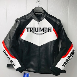Men&#39;s Triumph Braddan Air Racer Biker Leather Jacket, Motorbike Triple Sport Motorcycle Leather Jacket, Genuine Cowhide Real Leather Jacket