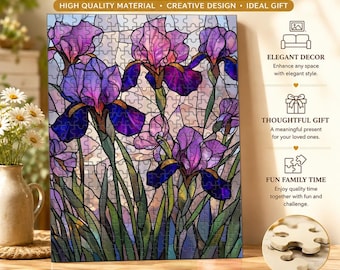 May include: Wooden jigsaw puzzle featuring a stained-glass style image of purple irises. The puzzle is available in 300, 500, and 1000 pieces. The image includes text that says "Wooden Jigsaw Puzzle" and "High Quality Material, Creative Design, Ideal Gift."