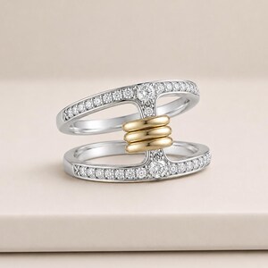 Interlocking Three Loop Ring with Round Cut Moissanite, 14K Gold Double Pavé Band, Modern Statement Ring, Anniversary Ring Gift For Her