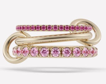 14K Solid Gold Multi Link Ring with Ruby Gemstones