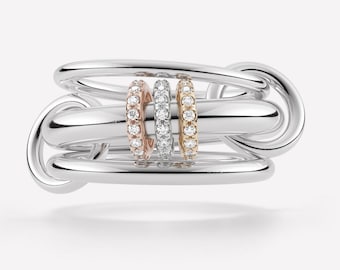 Anello multi-maglia in oro giallo 14 carati con diamanti moissanite, fascia intrecciata di grande effetto.