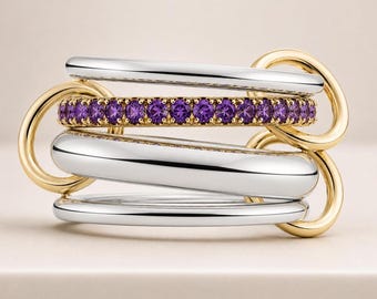 Amethyst Interlocking Connector Ring 14K Two Tone Gold Stackable Ring Statement Band Purple Gemstone Link Ring Gift for Her