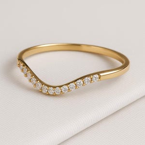 14K Gold Diamond Curved Wedding Band | Solid Gold Contour Ring | Minimalist Stacking Jewelry