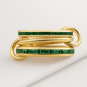 14K Gold Emerald Baguette Diamond Ring, Multi Link Connector