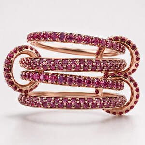 Anello a maglie multiple in oro rosa 14 carati con zaffiro rosa, anello a fascia aperta, anello moderno e di tendenza, anello impilabile con pietre preziose per donna.