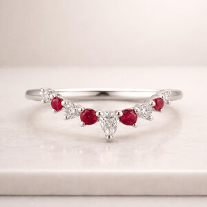 18K Yellow Gold Chevron Matching Stacking Ring Ruby Diamond Curved Wedding Band Pear Diamond Band Unique Band Promise Anniversary Band