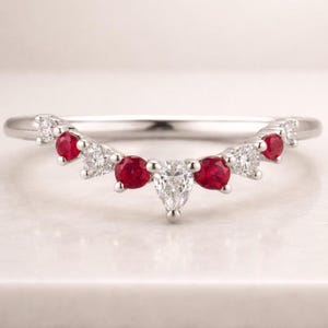 14K Gold Pear Cut Ruby Curved Wedding Band, Real Ruby and Diamond Chevron Stacking Ring, July Birthstone Anniversary Band.