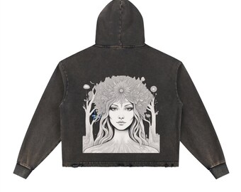 Vintage Washed Frayed-Hem Hoodie