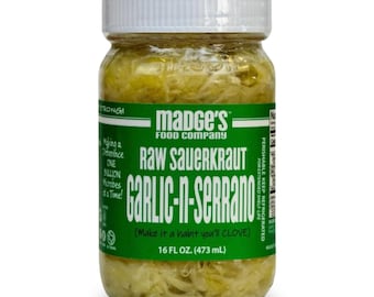 Traditional Low-Sodium Sauerkraut Made from Organic Cabbage, Contains Probiotics, Gut Enzymes for Increased Health Benefits, Garlic Serrano