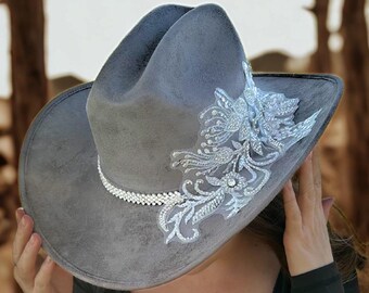 Charcoal Western Hat with Lace Rhinestone Appliqué | Bridal Cowgirl Hat