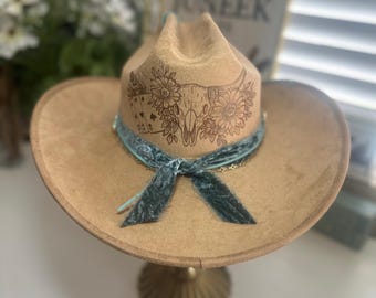 Hand-Burned Cowboy Hat with Turquoise Charms | Western Festival Statement Piece