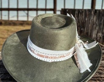 Olive Green Western Hat | Boho Cowgirl, Removable Feather