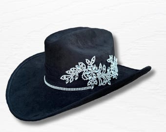 Black Cowgirl Hat – Rhinestone Flower Lace, Crystal Chain Band