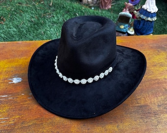 Black Western Fedora Hat | Rhinestone Crystal Band, Vegan Suede Cowgirl Hat