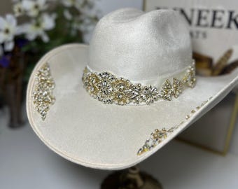 Bridal Cowgirl Hat – Gold Rhinestone & Pearl Western Bachelorette Hat - Veil and Branding included