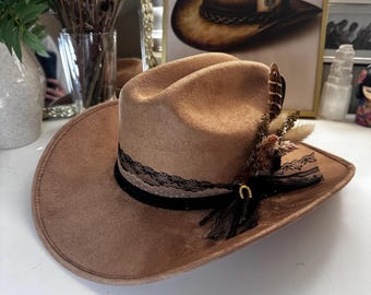 Handmade Camel Vegan Suede Cowgirl Hat | Lace & Floral