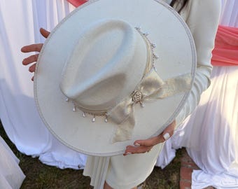 Ivory Vegan Suede Fedora | Champagne Gold Ribbon, Pearl Charm Bridal Hat