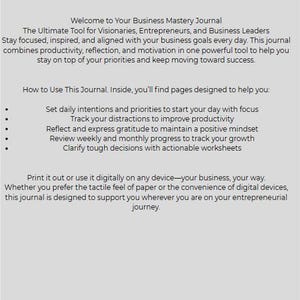 May include: A digital journal titled "Founders Framework Journal" with the text "Plan for the days, weeks and months ahead!" The journal is designed to help entrepreneurs with productivity and goal setting.