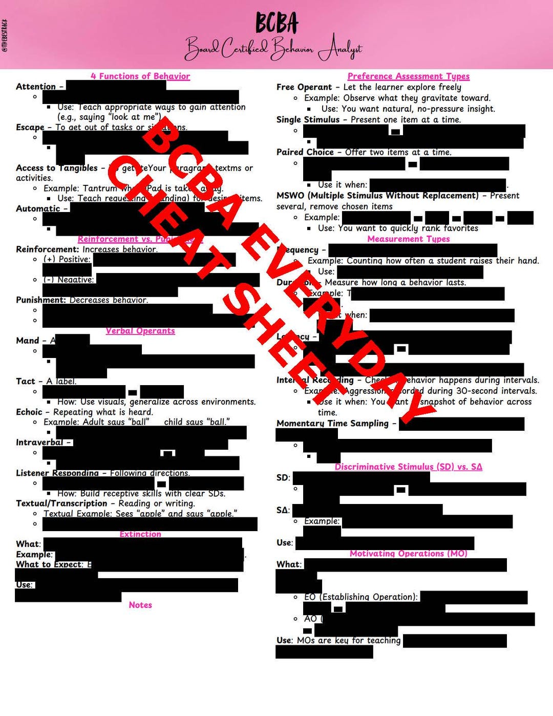 Pink BCBA Cheat Sheet: ABA Therapist Quick Reference Guide (printable ...