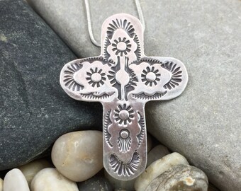 Beautiful handmade stamped sterling silver cross pendant, religious jewelry