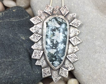 Chrysanthemum Jasper pendant, Snowflake Jasper necklace, stamped sterling silver pendant