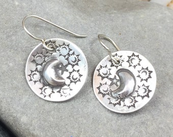 Sterling silver hanging earrings / Silver crescent moon domed earrings / earrings for girlfriend