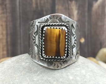 Square tigerseye ring, stamped silver ring, cigarband ring, tigerseye signet ring, yellow tigerseye, handmade ring, handmade jewelry