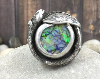 Cultured opal ring, silver cast twig and leaf ring, garden ring, opal ring, nest ring, leaf and twig, nature jewelry, branch ring, sterling