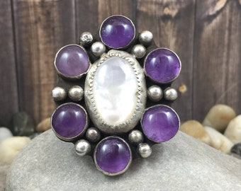 Amethyst and mother of pearl ring, cluster ring, multistone ring, Amethyst ring, MOP ring, purple stone ring, sterling silver ring
