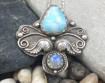 Larimar and moonstone pendant / Larimar pendant / Larimar necklace / sterling silver pendant / Dominican gemstone / ocean blue gemstones
