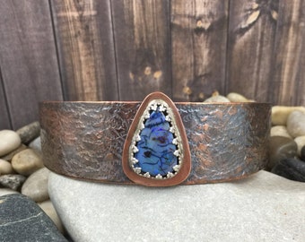 Wide textured copper cuff, copper bracelet, cultured opal cuff, blue opal copper cuff