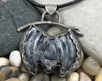 Larvikite carved bat pendant / carved stone bat silver pendant / hanging bat pendant / bat on a silver branch / grey stone pendant /sterling