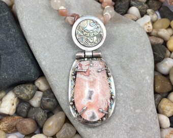 Crazy Lace Agate and silver hinged pendant precious metal clay silver PMC