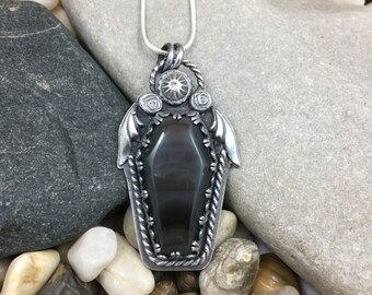 Rainbow obsidian coffin pendant, silver coffin necklace, goth coffin, winged coffin pendant