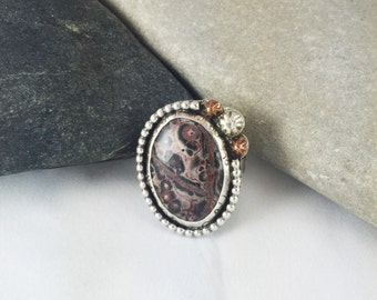 Pink Leopard Jasper Ring with copper and silver ball accents / Animal Print ring / gemstone ring / sterling silver ring / statement ring