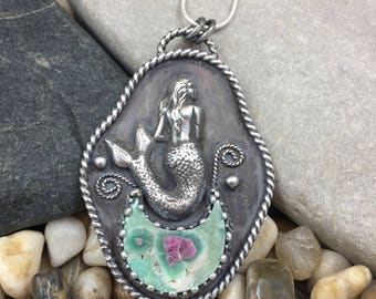 Mermaid pendant / silver mermaid with ruby in fuschite gemstone / Mermaid gifts
