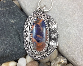 Blue and orange Sodalite pendant, sodalite in sterling silver pendant with lacy edging, oval pendant, handmade pendant, sterling pendant,